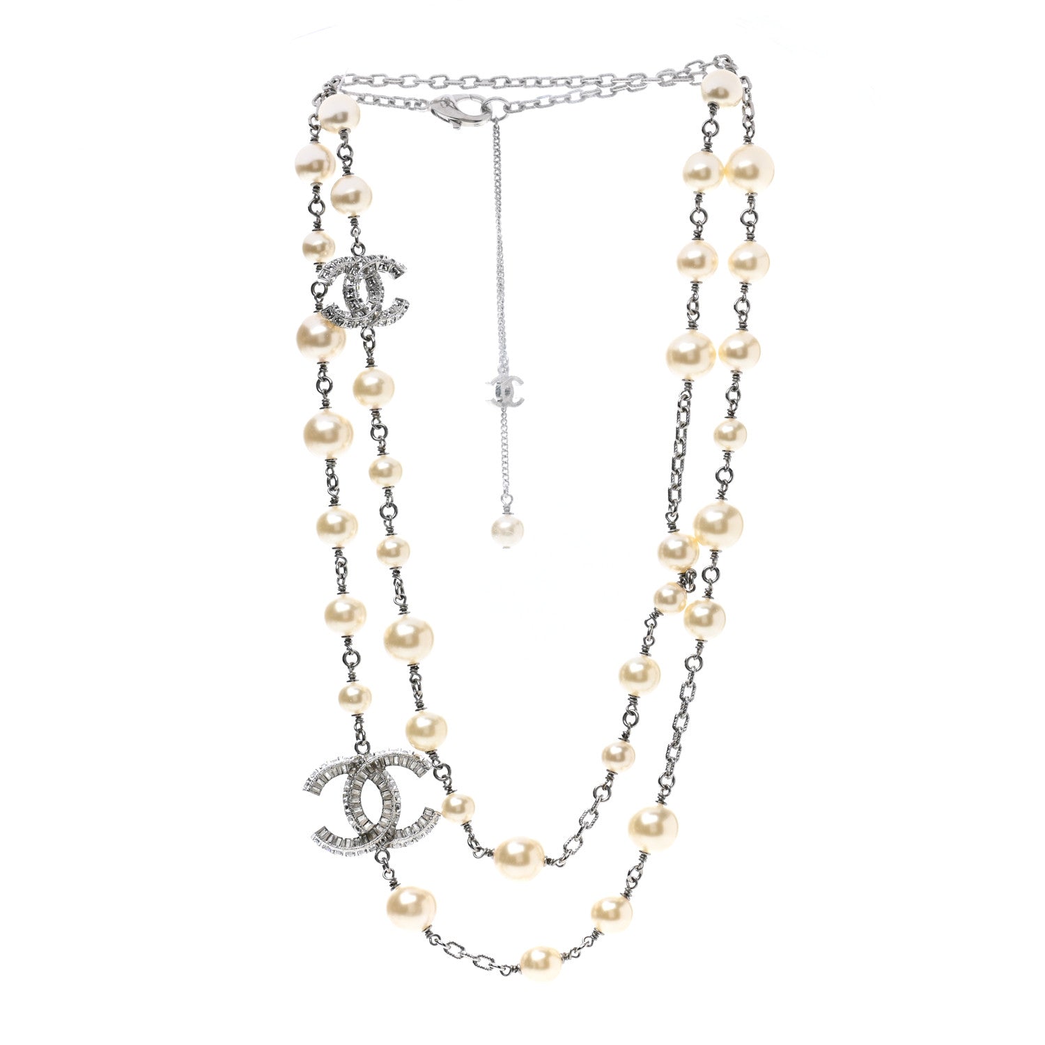 Chanel Pearl Baguette Crystal CC Long Necklace Silver 4 of 5