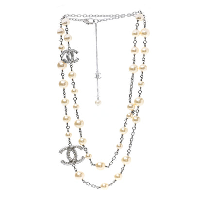Chanel Pearl Baguette Crystal CC Long Necklace Silver 4 of 5
