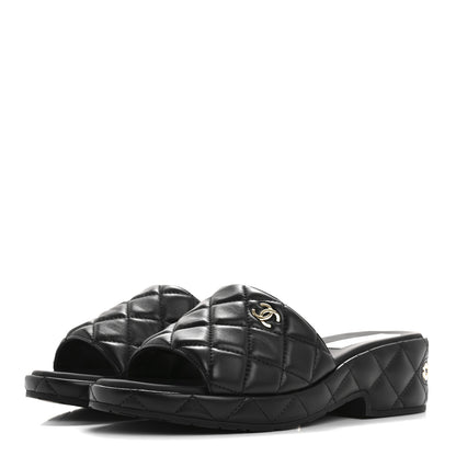 Chanel Lambskin Quilted CC Mules Wedge Sandals 40 Black 4 of 10