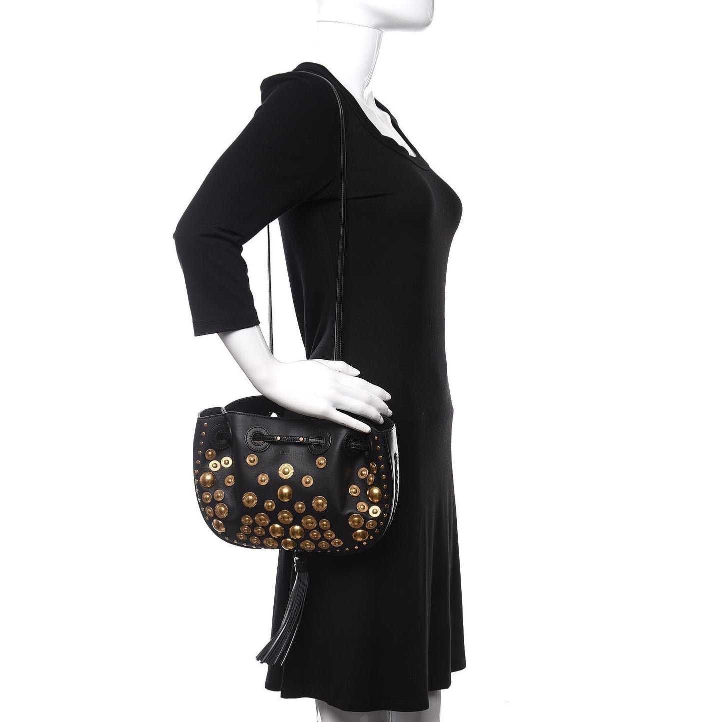 Lambskin Studded Small Inez Drawstring Bag Black