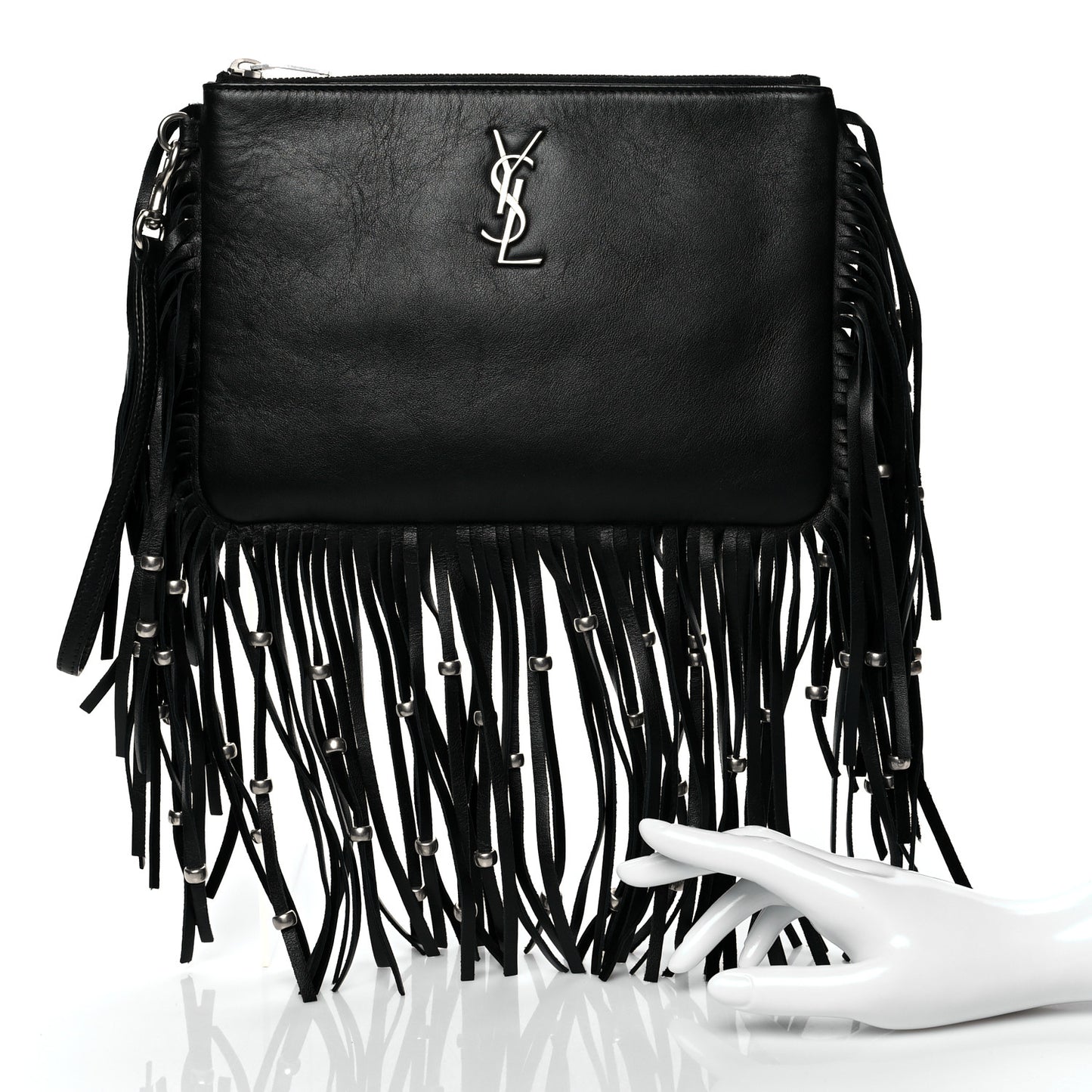 Calfskin Monogram Fringe Pouch Black