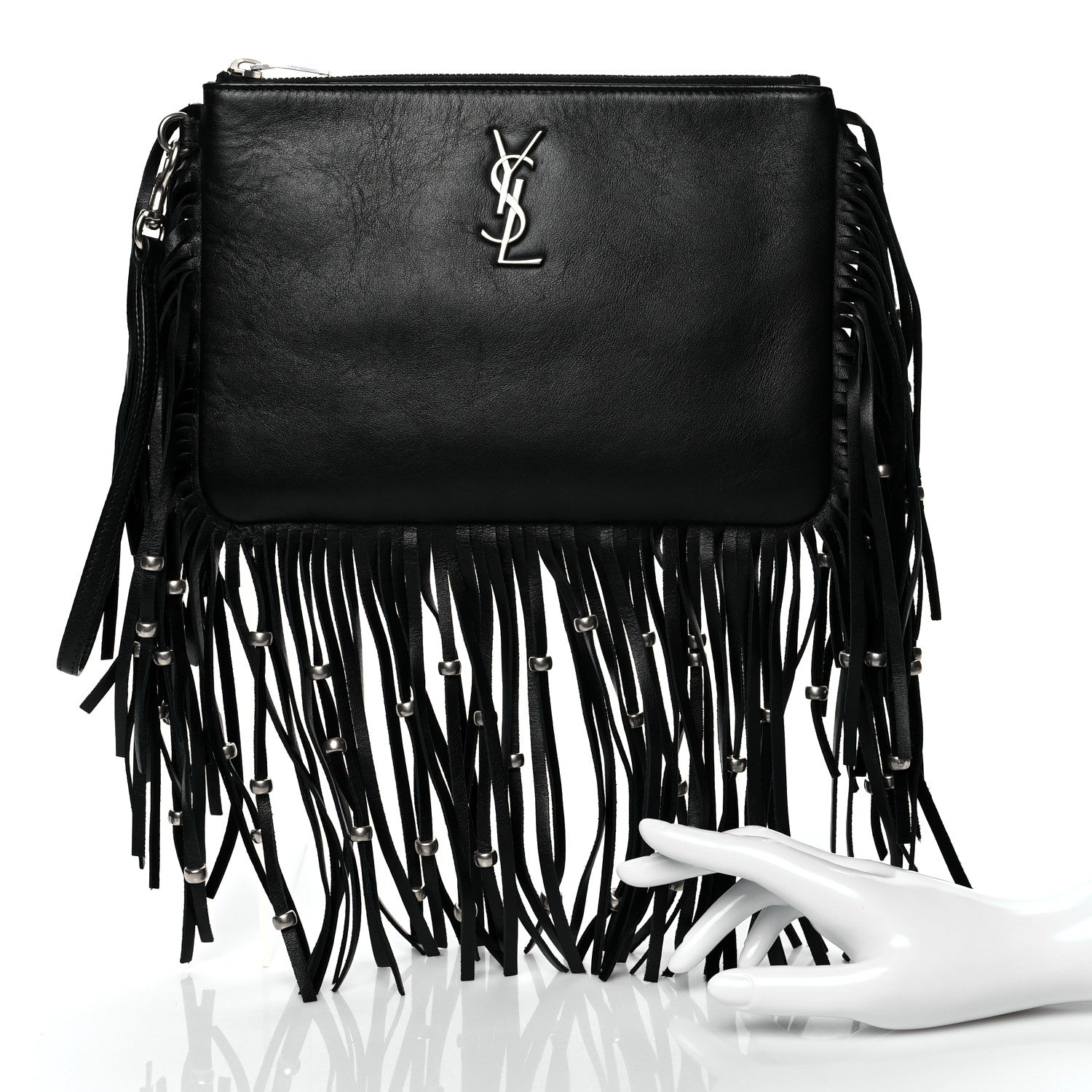 Saint Laurent Calfskin Monogram Fringe Pouch Black 2 of 10