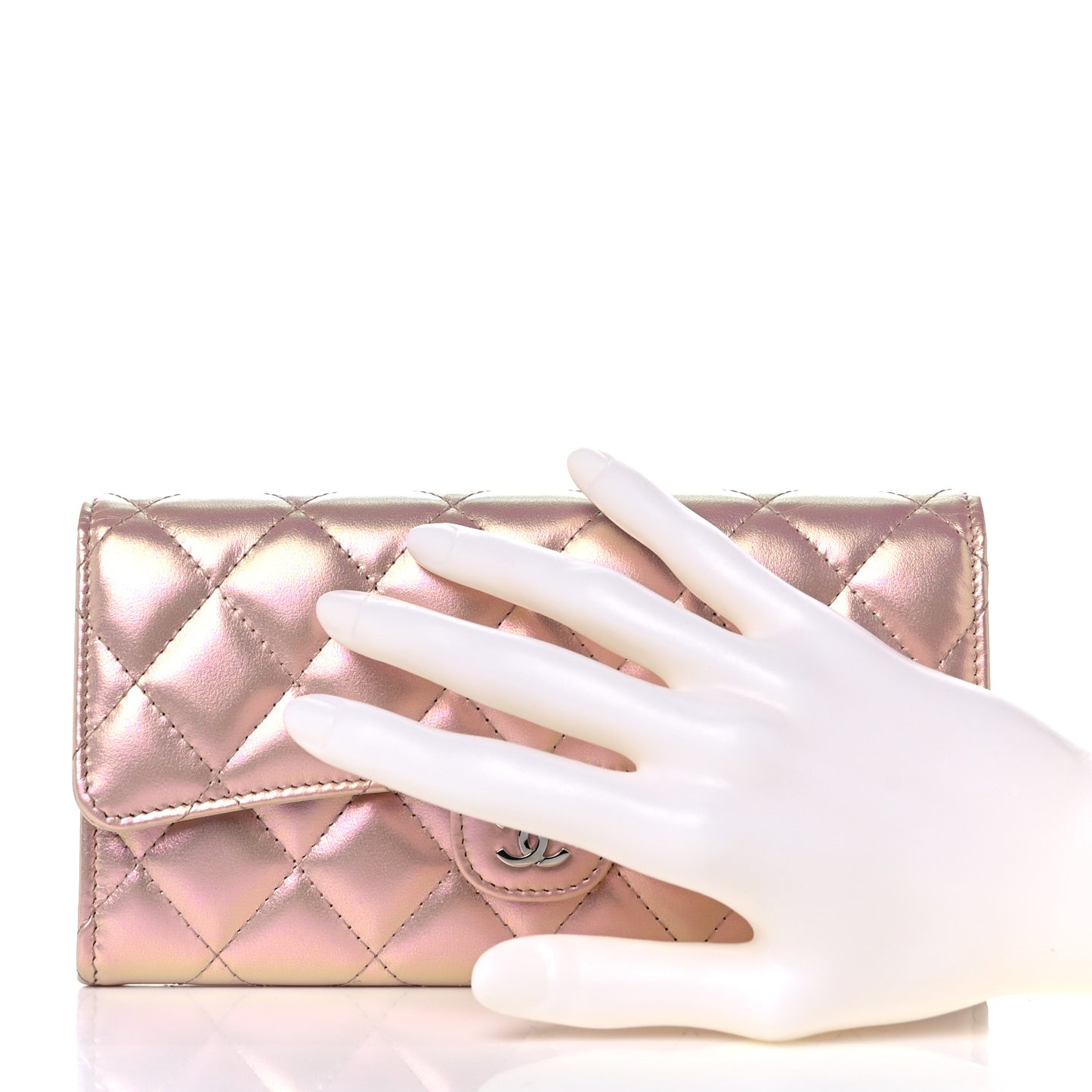 Iridescent Calfskin Quilted Large Gusset Flap Wallet Pink