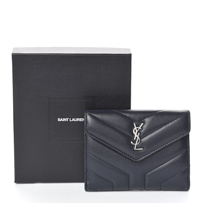 Saint Laurent Lambskin Y Quilted Monogram Compact Loulou Wallet Deep Marine 7 of 7