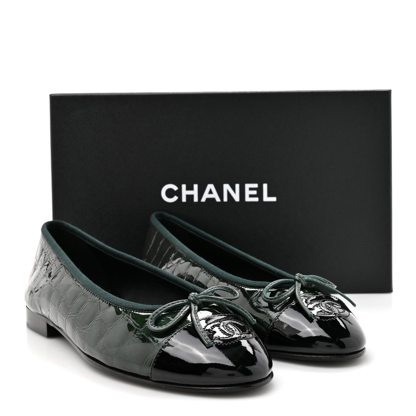 Patent Calfskin Crocodile Embossed Ballerina Flats 37 Dark Green Black
