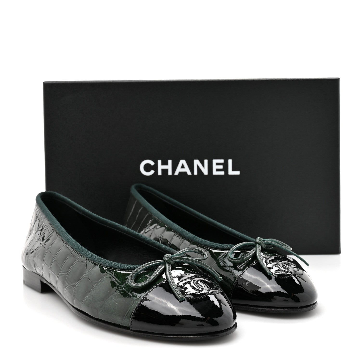 Chanel Patent Calfskin Crocodile Embossed Ballerina Flats 37 Dark Green Black 10 of 10