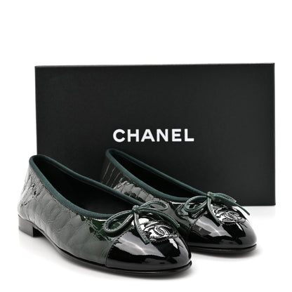 Chanel Patent Calfskin Crocodile Embossed Ballerina Flats 37 Dark Green Black 10 of 10