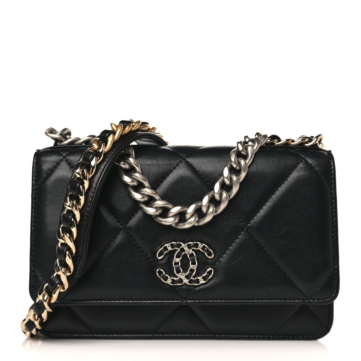 Goatskin Quilted Chanel 19 Wallet On Chain WOC Black