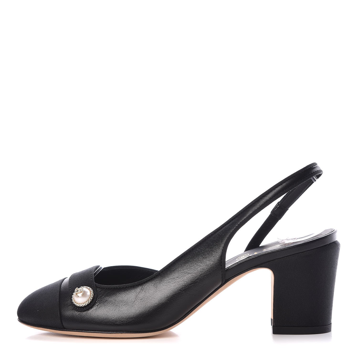 Chanel Lambskin Grosgrain Pearl Cap Toe CC Slingback Pumps 36.5 Black 1 of 8
