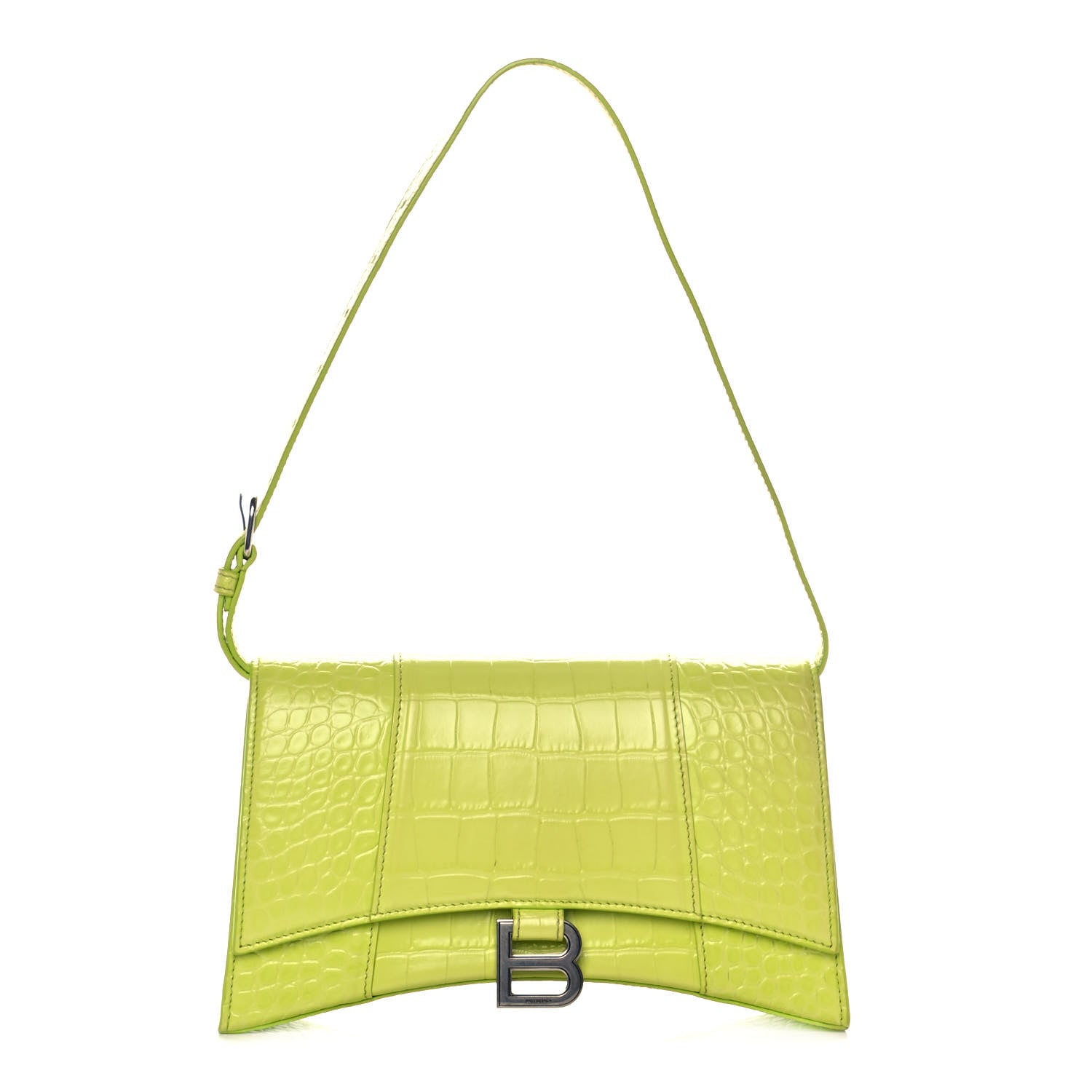 Balenciaga Shiny Calfskin Crocodile Embossed Small Hourglass Sling Shoulder Bag Lime 1 of 13