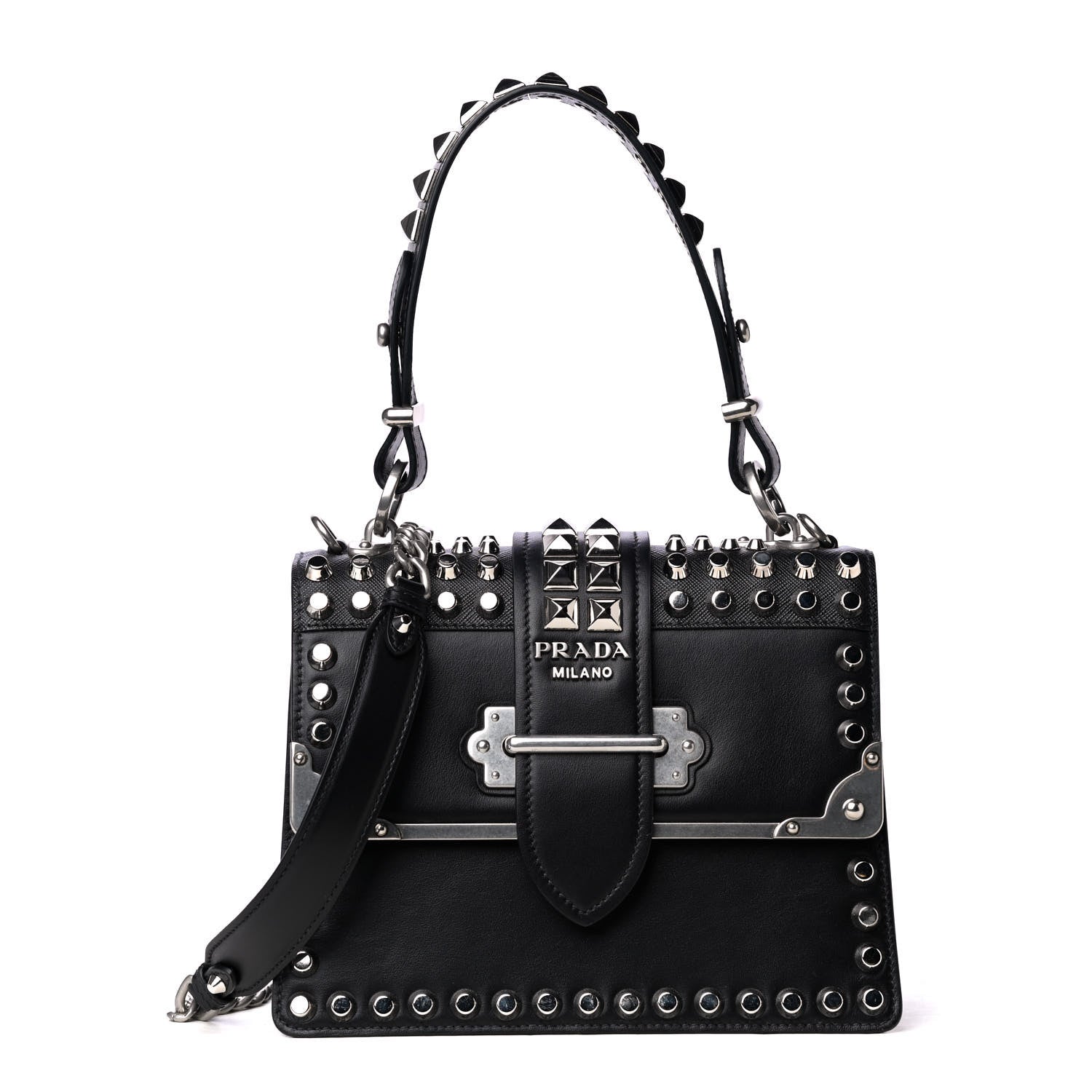 Prada City Calfskin Saffiano Studded Cahier Bag Black 1 of 4