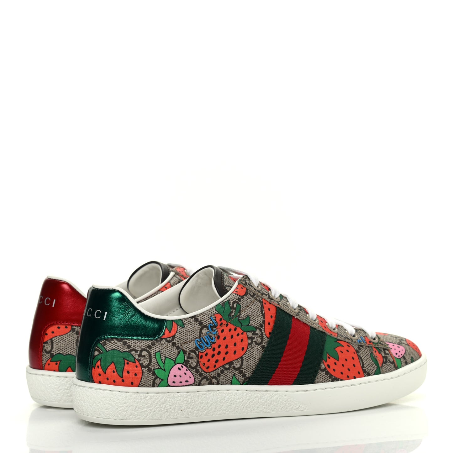 GG Supreme Monogram Strawberry Web Womens Ace Sneakers 36 Beige Multicolor Red Green