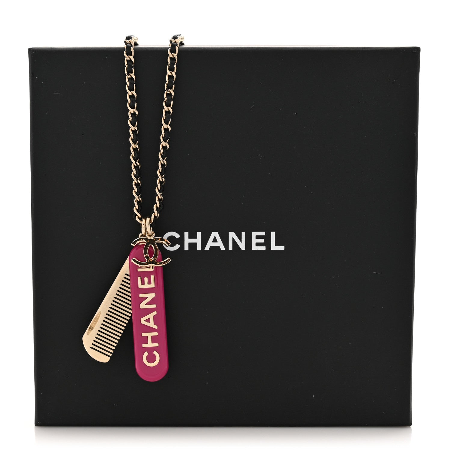 Chanel Metal Lambskin Chain CC Comb Necklace Gold Fuchsia Silver Black 5 of 5