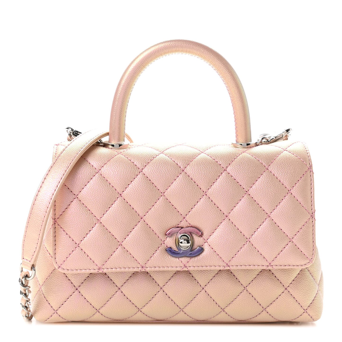 Iridescent Caviar Quilted Mini Coco Handle Flap Pink