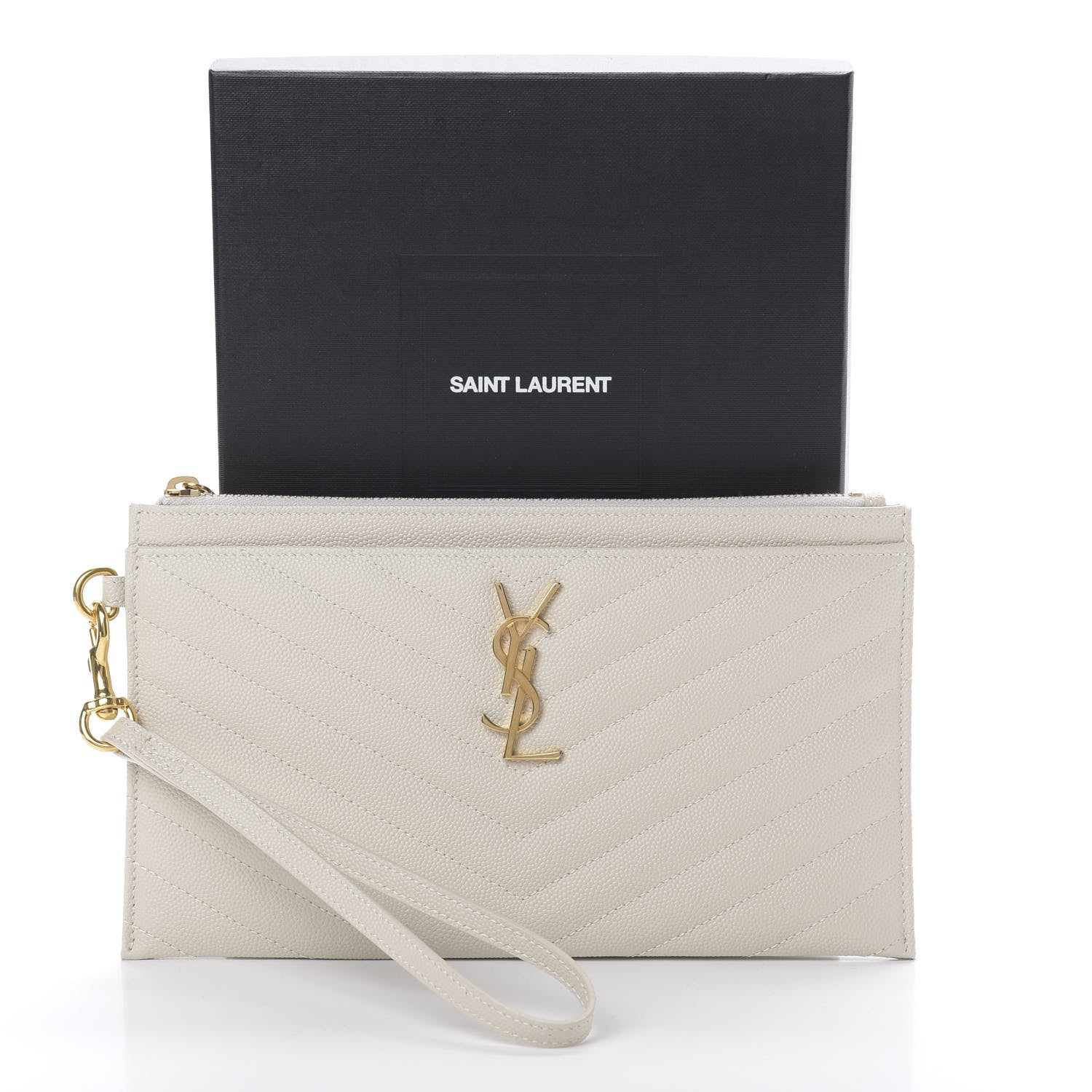 Saint Laurent Grain De Poudre Chevron Monogram Large Bill Pouch Blanc Vintage 8 of 8