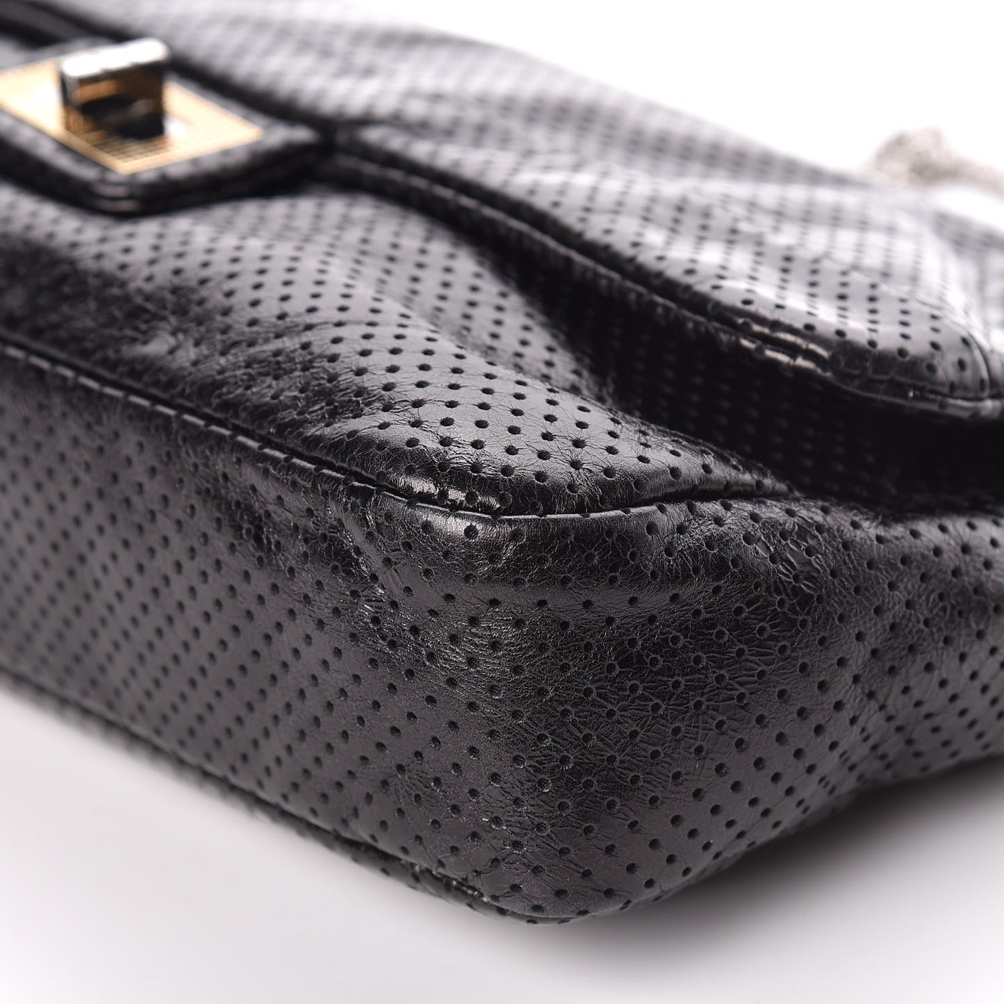 Metallic Crackled Calfskin Large Perforated Drill Flap Black