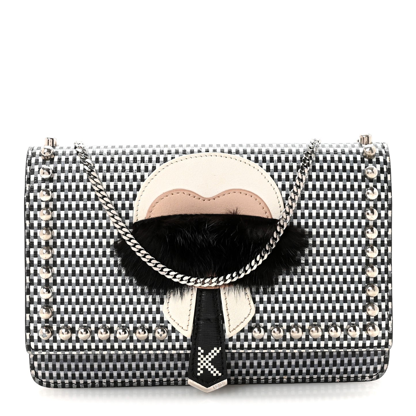 Vitello Elite Mink Fur Studded Karlito Tube Wallet On Chain Black White