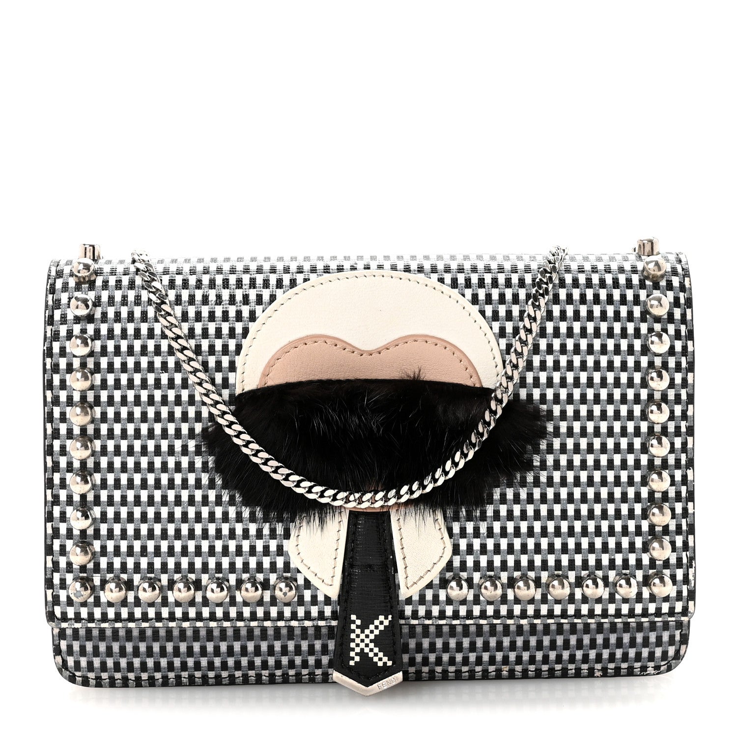 Fendi Vitello Elite Mink Fur Studded Karlito Tube Wallet On Chain Black White 1 of 9