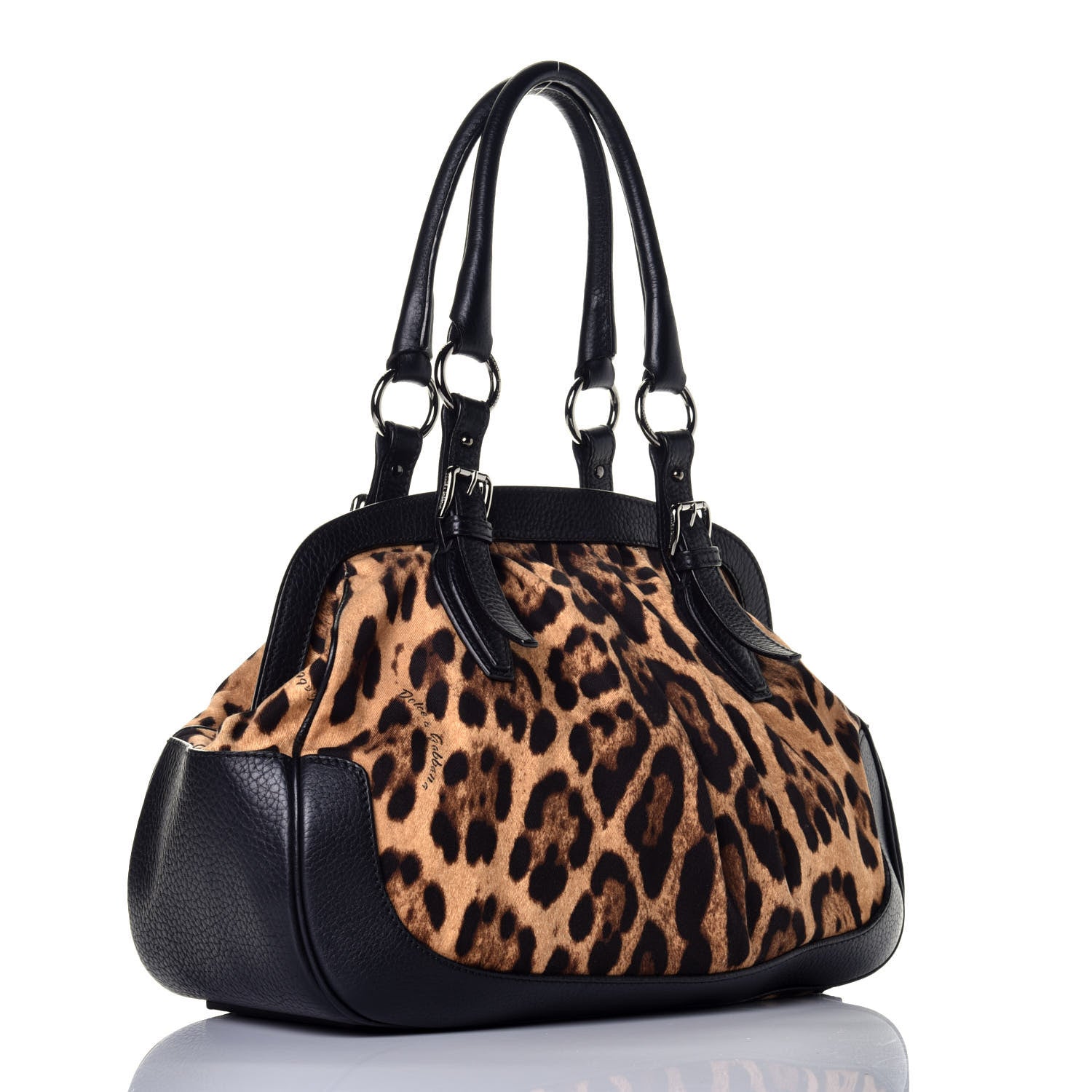 Dolce & Gabbana Leopard Print Canvas Calfskin Animalier Shoulder Bag Black 3 of 8