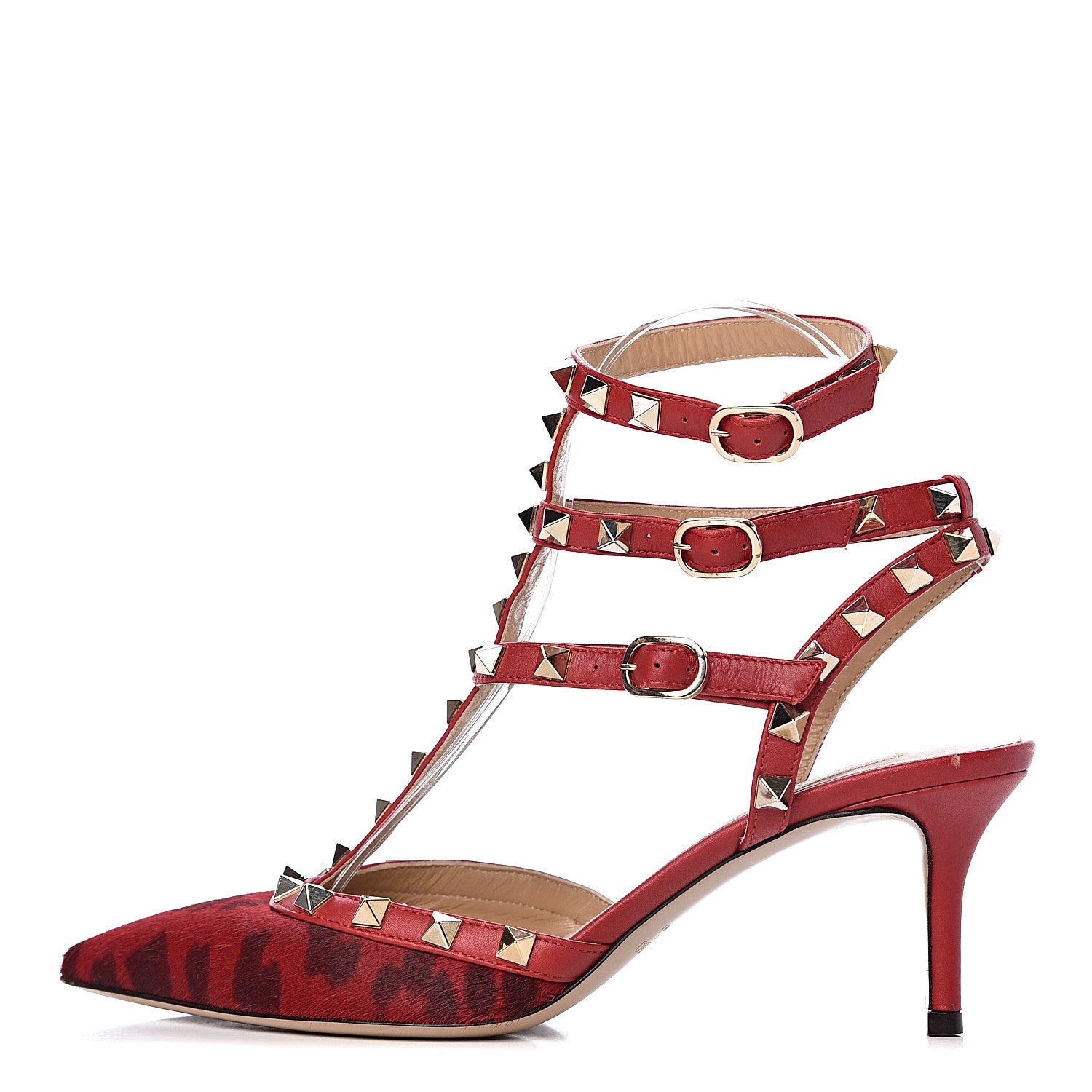 Valentino Garavani Calf Hair Leopard Print Rockstud Ankle Strap 65mm Pumps 37 Rosso Valentino 1 of 16