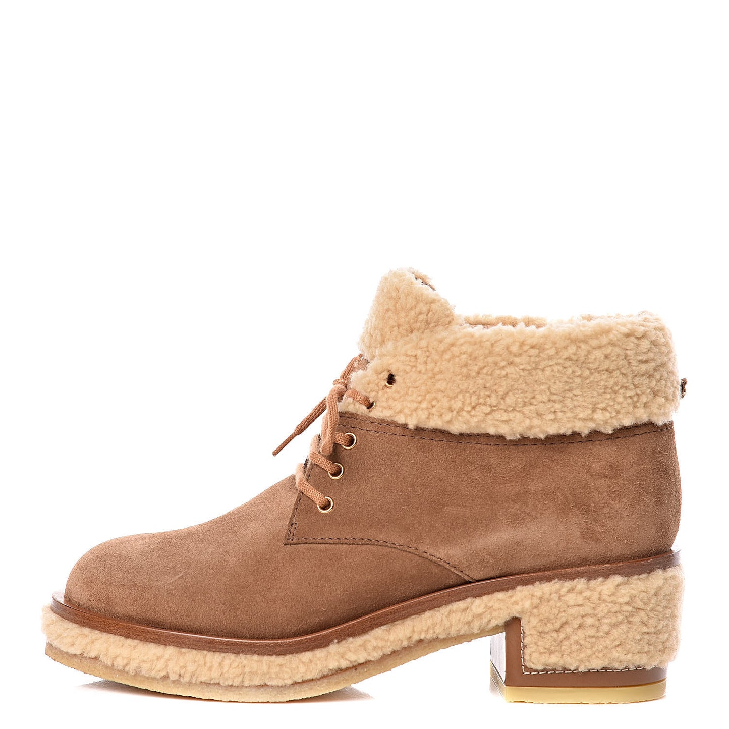 Shearling Suede Calfskin Womens Lace Up Ankle Boots 37.5 Brown Beige