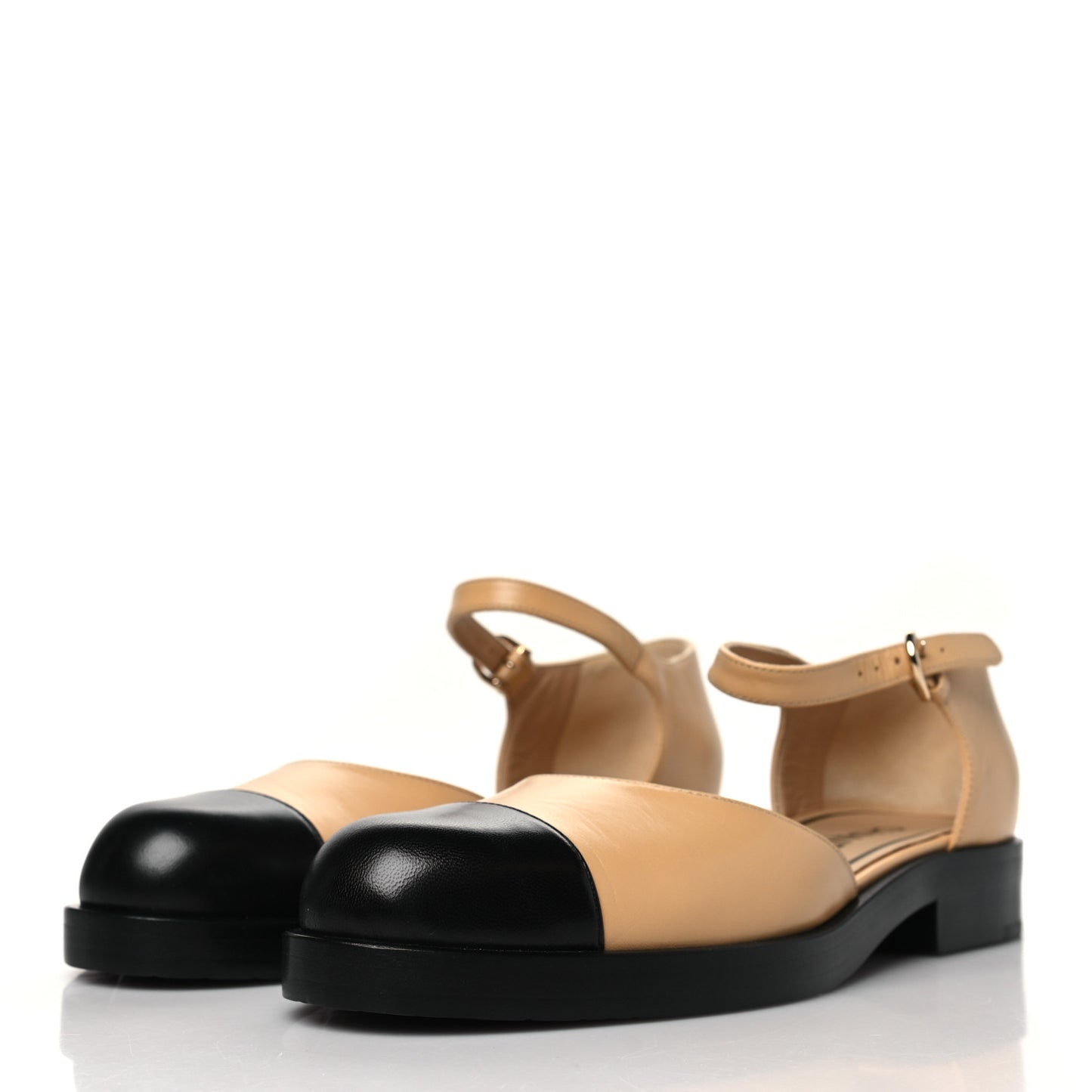Shiny Goatskin Mary Jane Flats 38.5 Beige Black