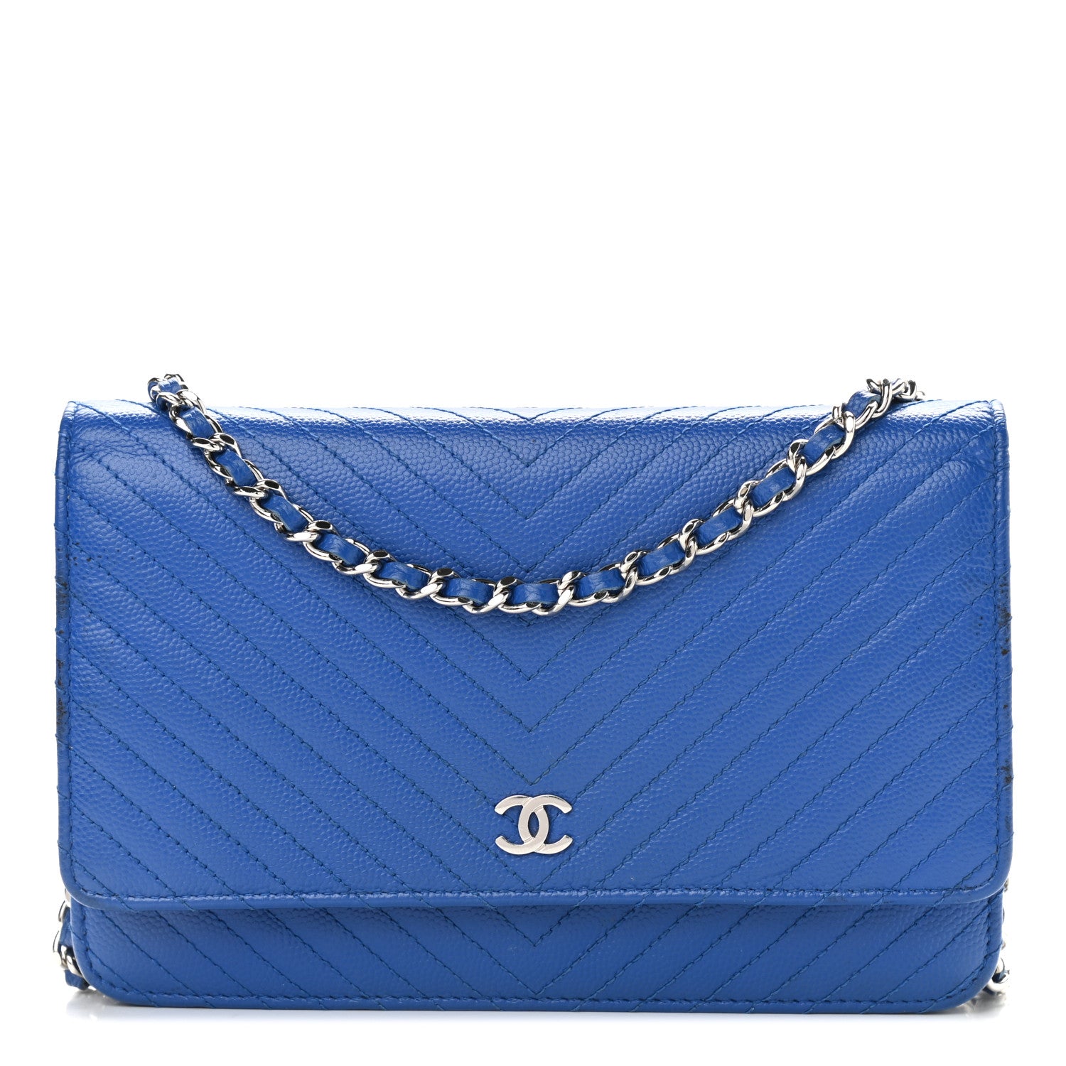 Chanel Caviar Chevron Quilted Wallet On Chain WOC Bright Blue 1 of 14