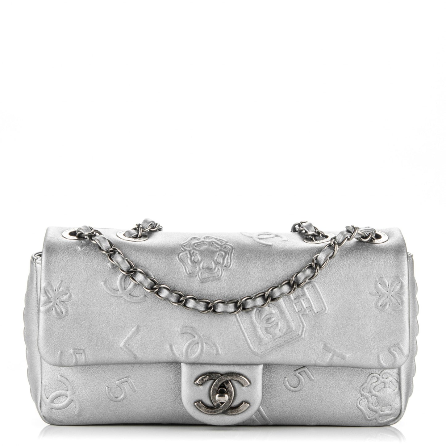 Metallic Lambskin Symbols Medium Single Flap Silver