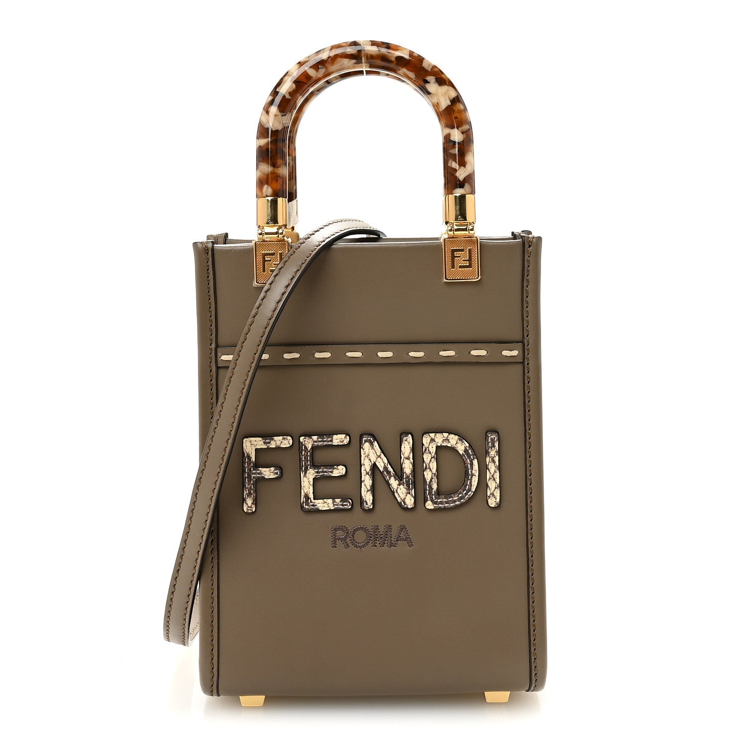 Fendi Vitello King Plexiglass Elaphe Python Print Logo Mini Fendi Sunshine Shopper Tote Tartufo Daisy Roccia 1 of 10