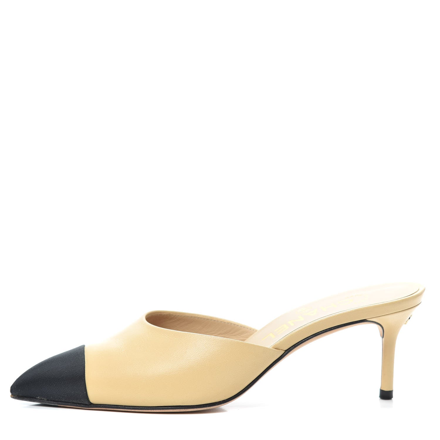 Chanel Lambskin Grosgrain Cap Toe CC Mules 35 Beige Black 1 of 7