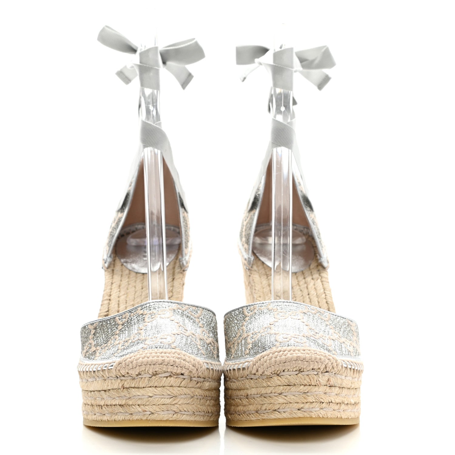 Gucci Lame GG Monogram Ankle Wrap Platform Espadrille Wedges 40 Silver Beige Light Grey 2 of 9