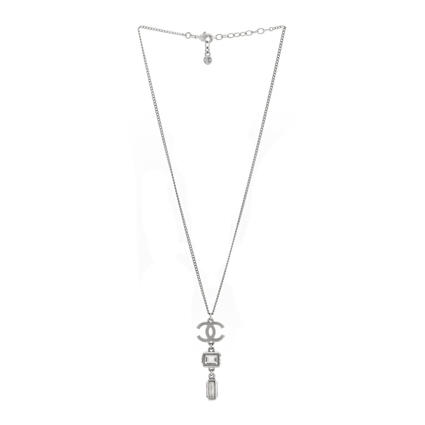 Crystal Baguette CC Drop Pendant Necklace Silver