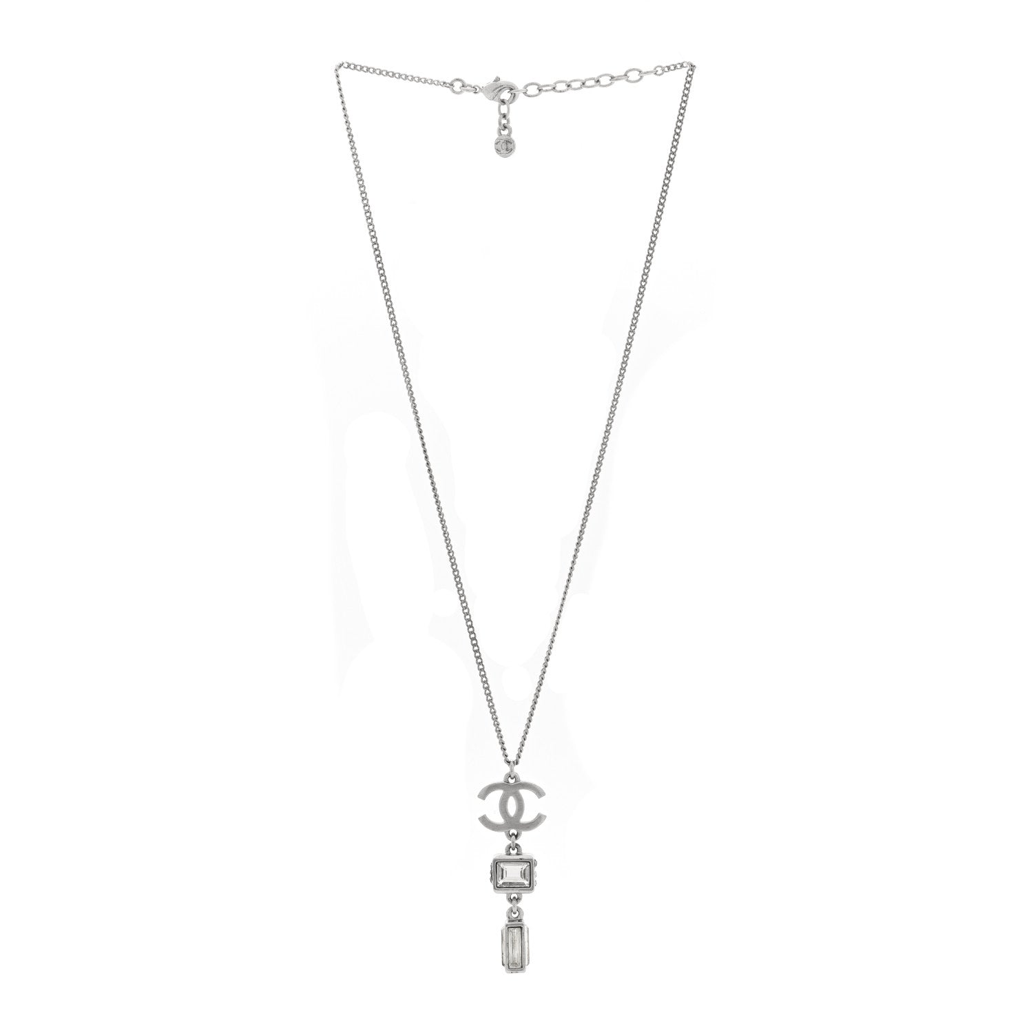 Chanel Crystal Baguette CC Drop Pendant Necklace Silver 3 of 5