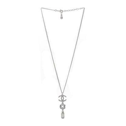 Chanel Crystal Baguette CC Drop Pendant Necklace Silver 3 of 5