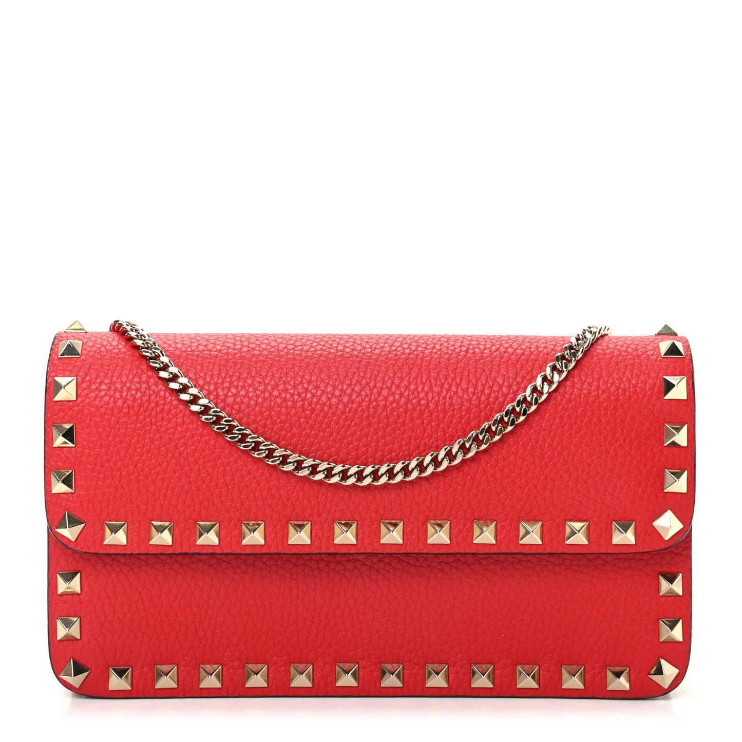 Pebbled Calfskin Rockstud Flap Wallet On Chain Rouge Pur