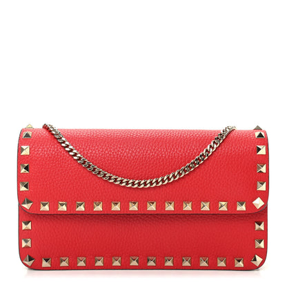 Valentino Garavani Pebbled Calfskin Rockstud Flap Wallet On Chain Rouge Pur 1 of 9
