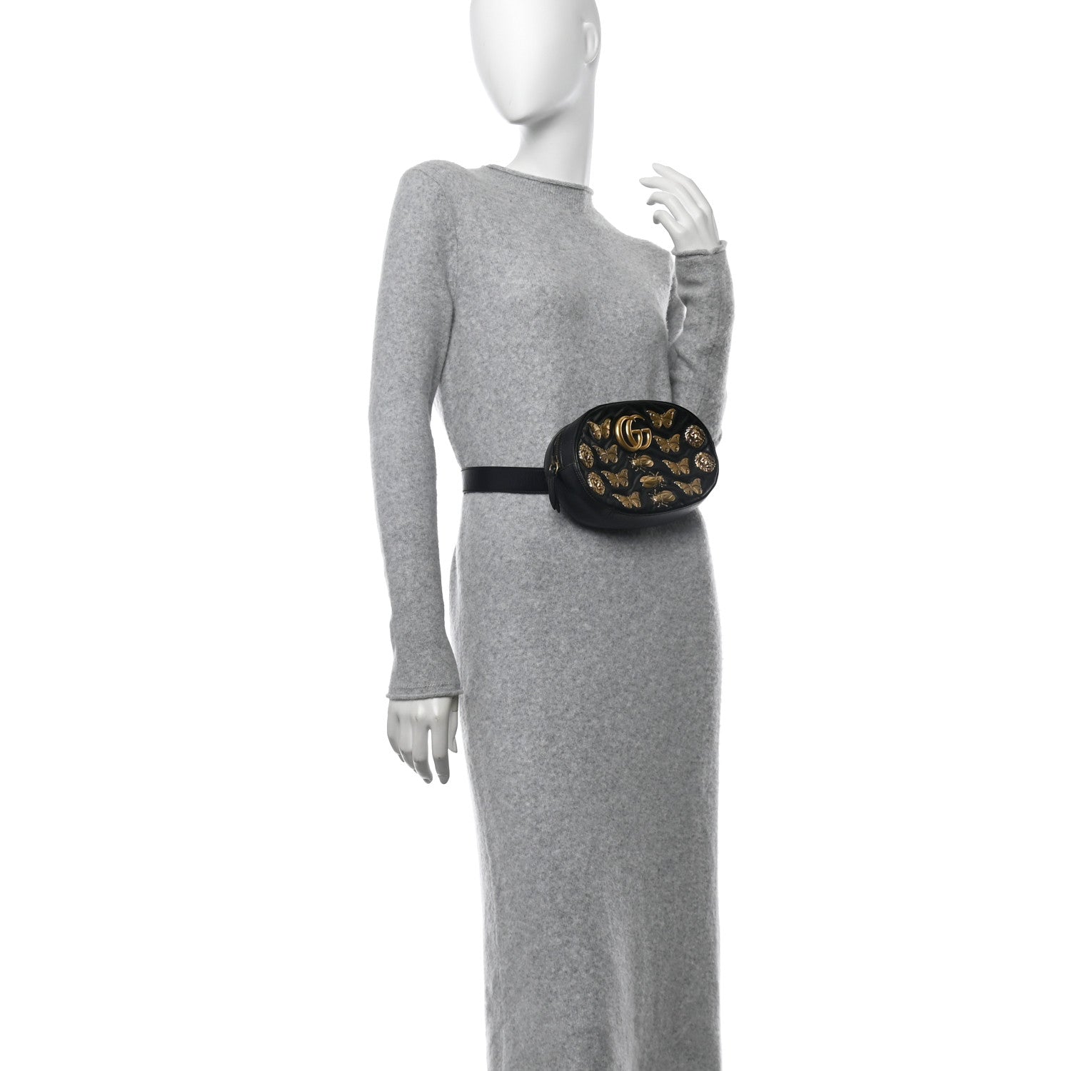 Gucci Calfskin Matelasse Animal Studs GG Marmont Belt Bag 85 34 Black 3 of 12