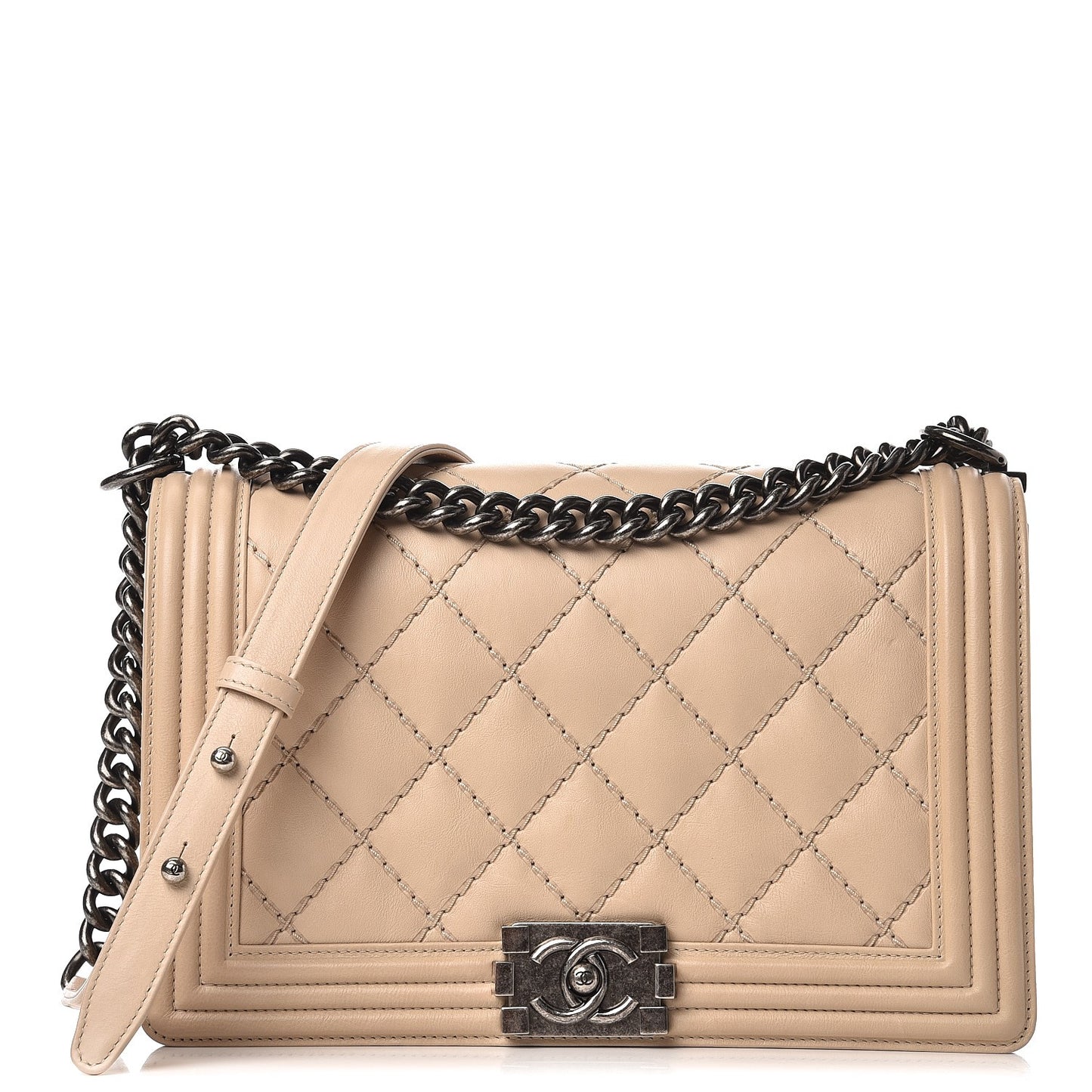 Calfskin Double Stitch New Medium Boy Flap Beige