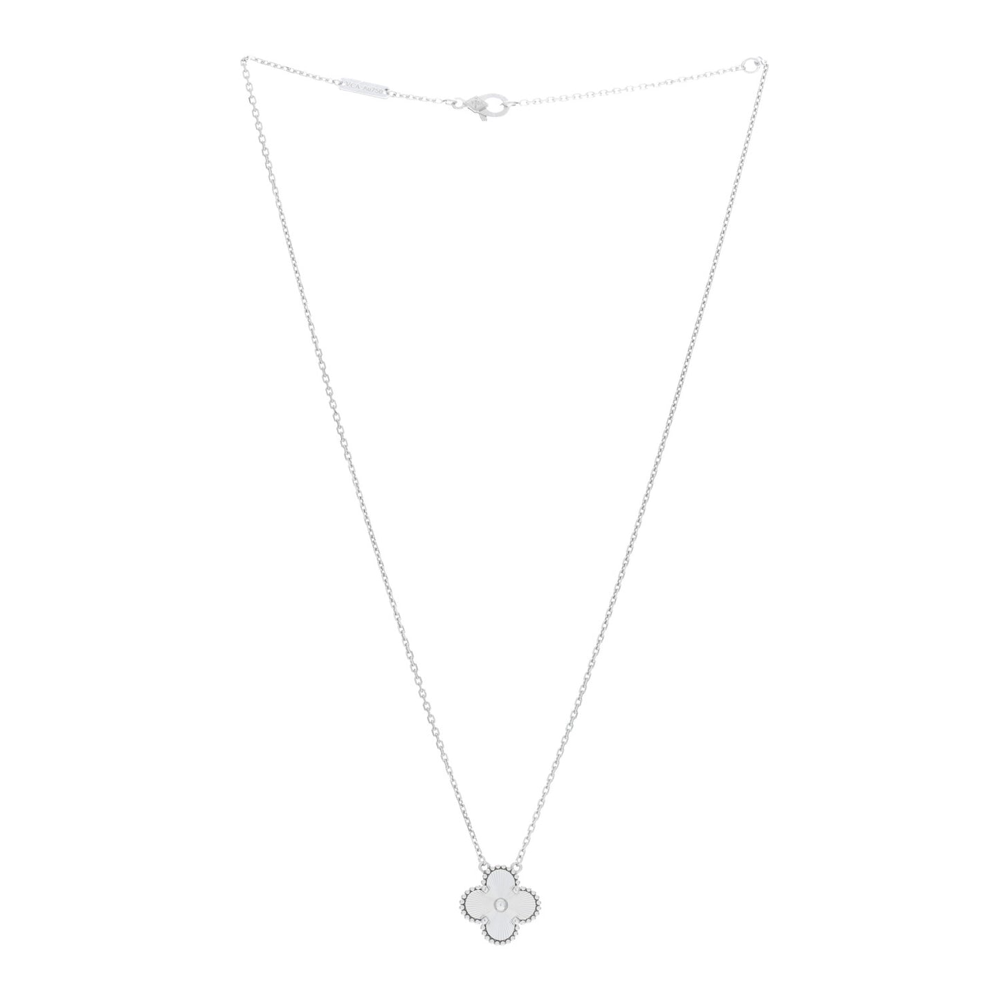 VAN CLEEF & ARPELS 18K White Gold Guilloche Vintage Alhambra Pendant Necklace