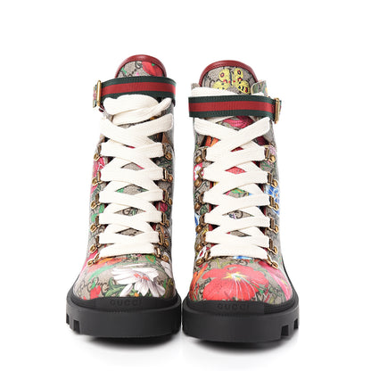 Gucci GG Supreme Monogram Flora Lace Up Combat Ankle Boots 40 Beige Multicolor Red 2 of 8