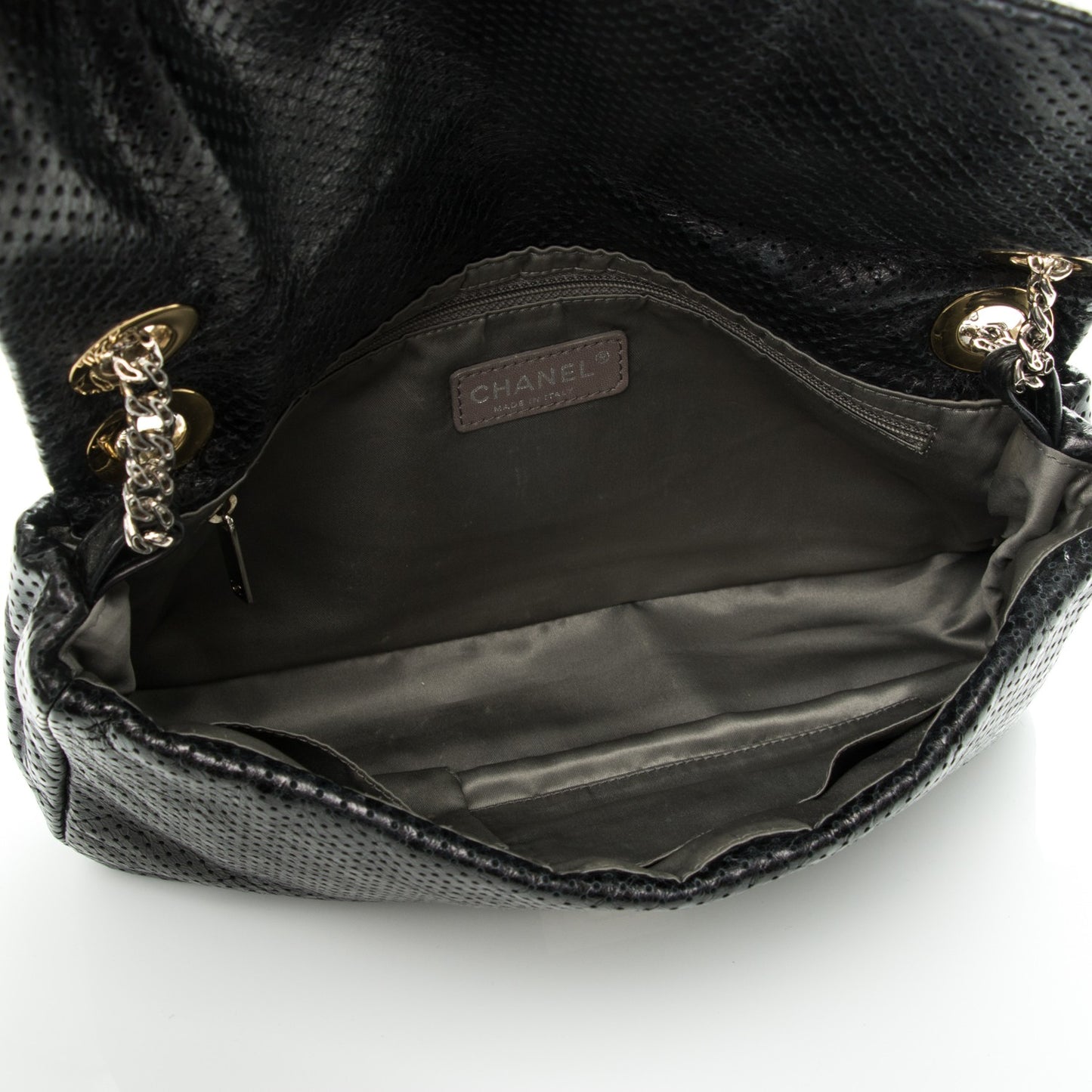Metallic Crackled Calfskin Large Perforated Drill Flap Black
