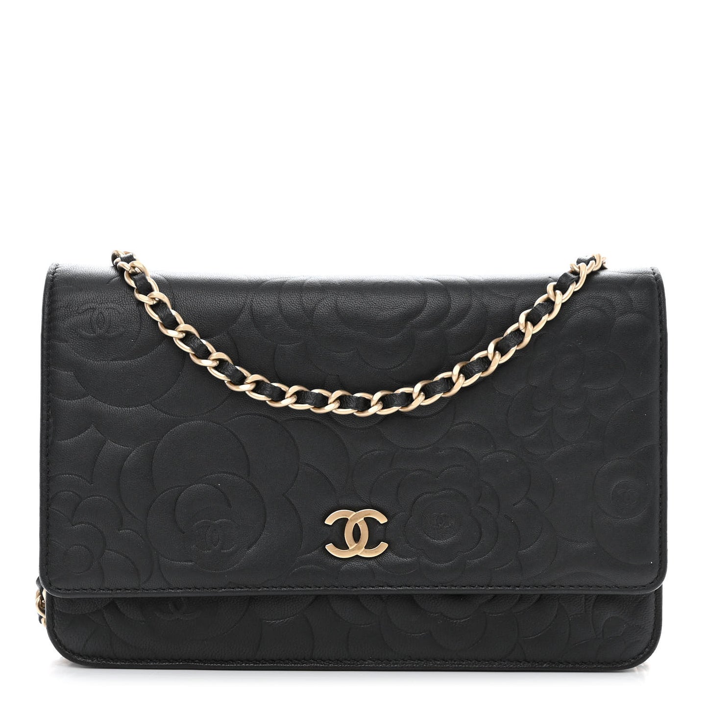 Lambskin Camellia Embossed Wallet on Chain WOC Black