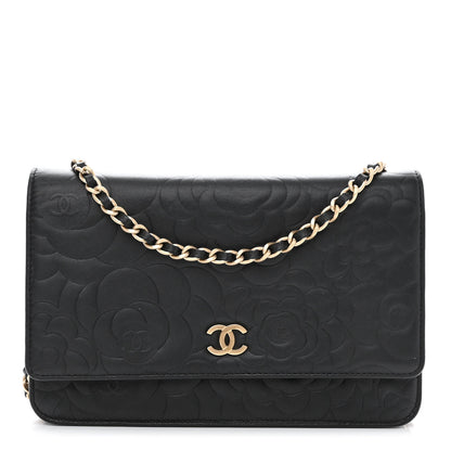 Chanel Lambskin Camellia Embossed Wallet on Chain WOC Black 1 of 12