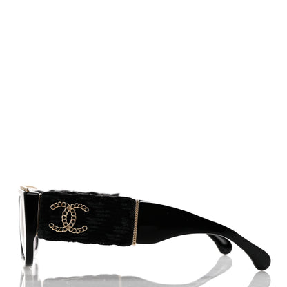 Chanel Acetate Tweed Wool CC Chain Rectangle Sunglasses 71549 Black 3 of 8