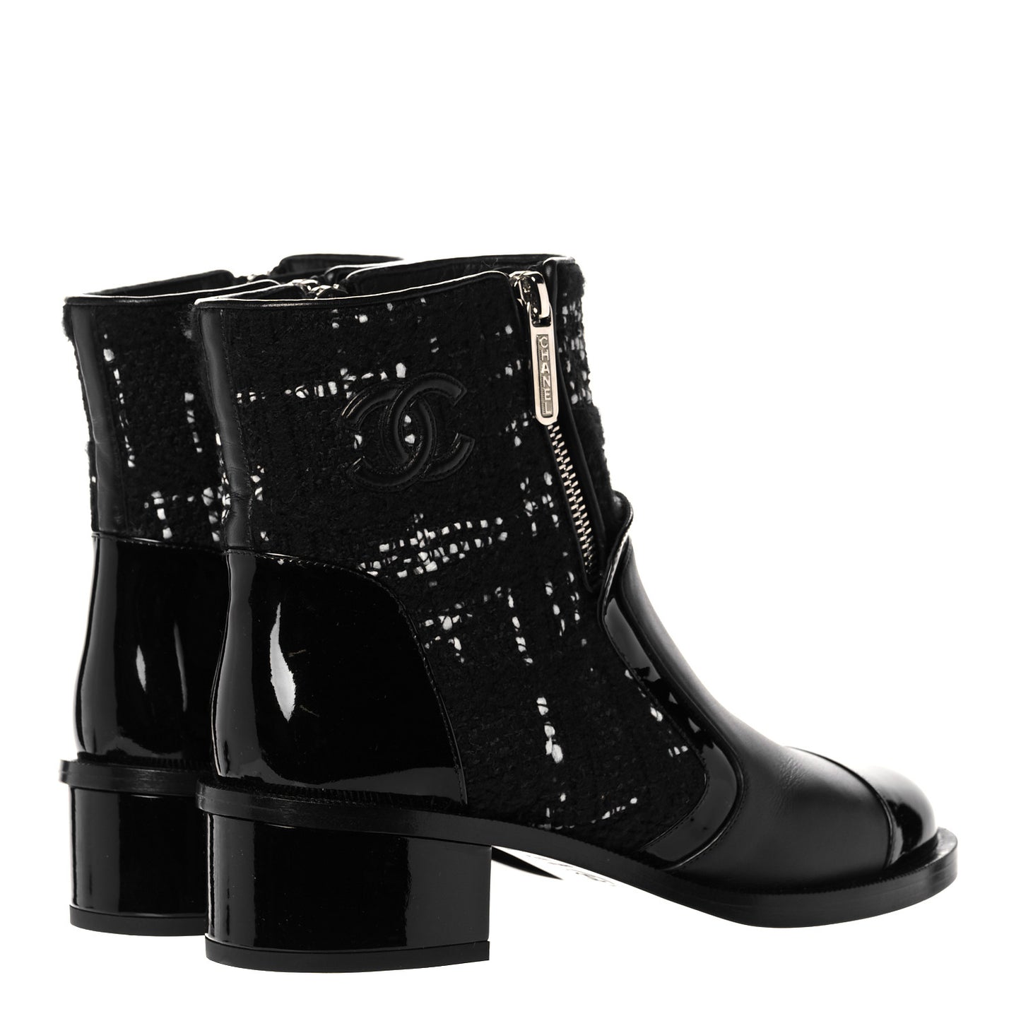 Patent Calfskin Tweed Patent Cap Toe CC Zip Boots 37.5 Black