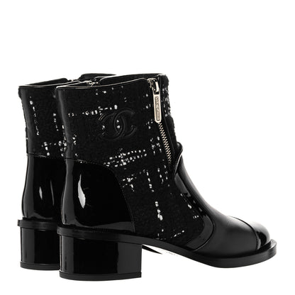 Chanel Patent Calfskin Tweed Patent Cap Toe CC Zip Boots 37.5 Black 4 of 9
