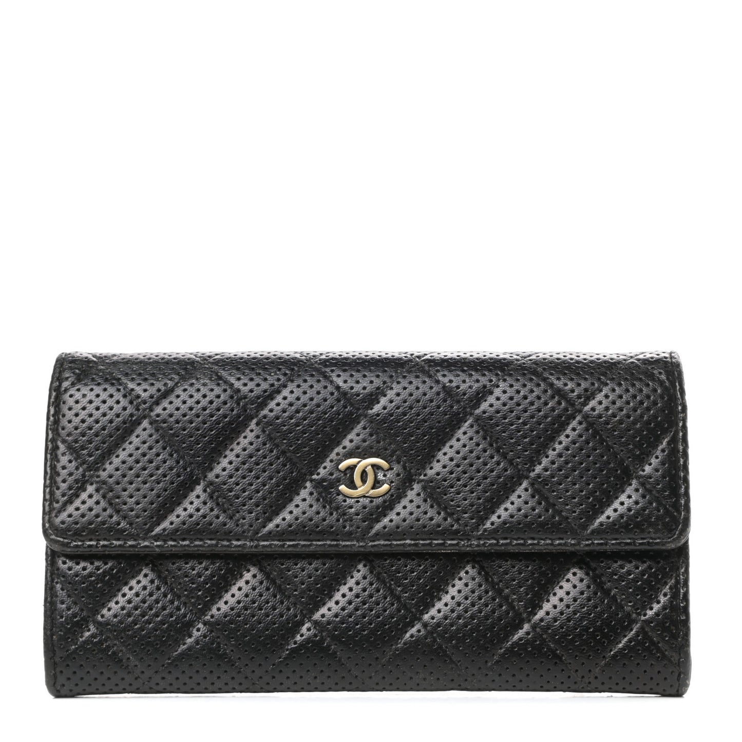 Perforated Lambskin Quilted Large Gusset Flap Wallet Black