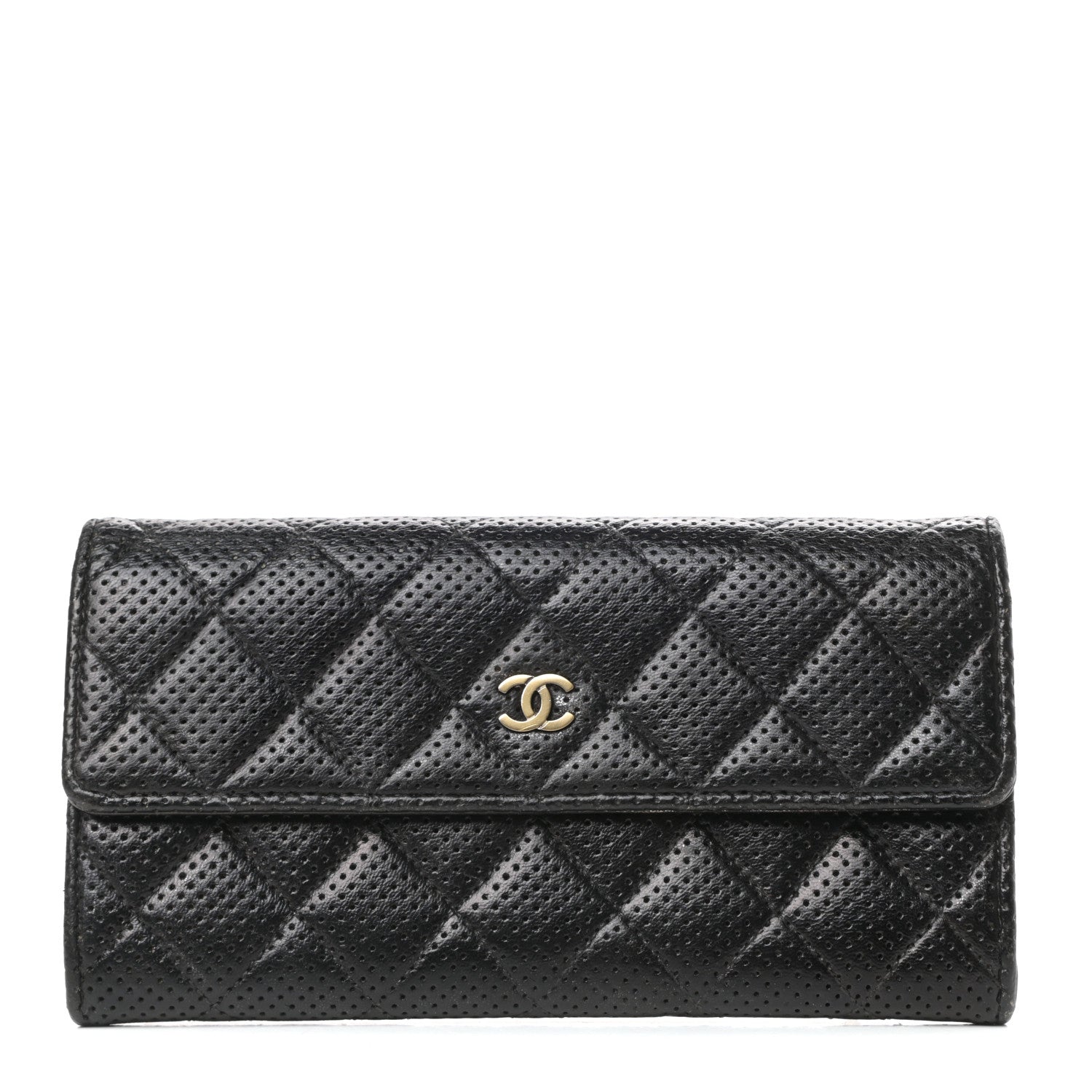 Chanel Perforated Lambskin Quilted Large Gusset Flap Wallet Black 1 of 7