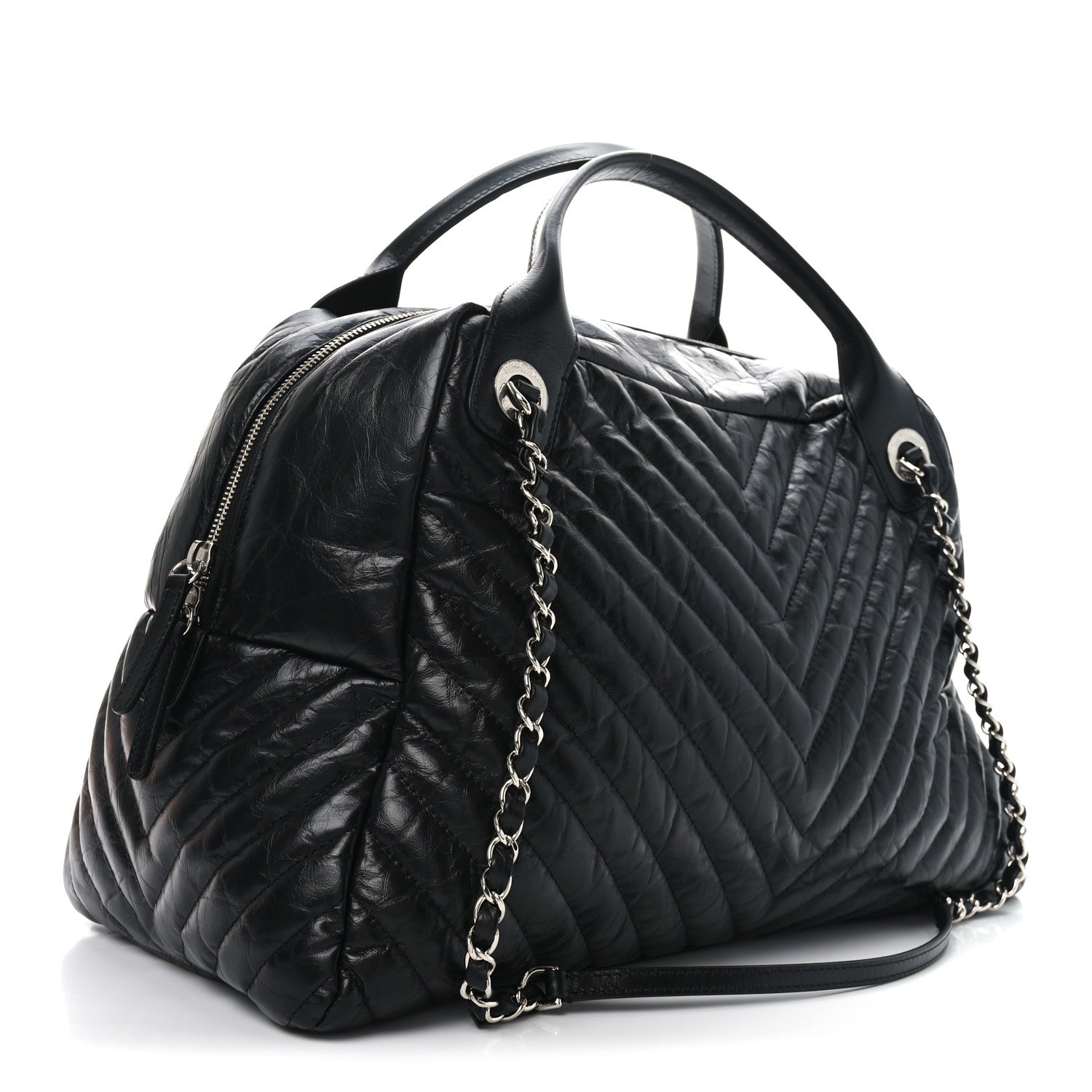Chanel Aged Calfskin Chevron Medium Soft Bowling Bag Black 3 of 10