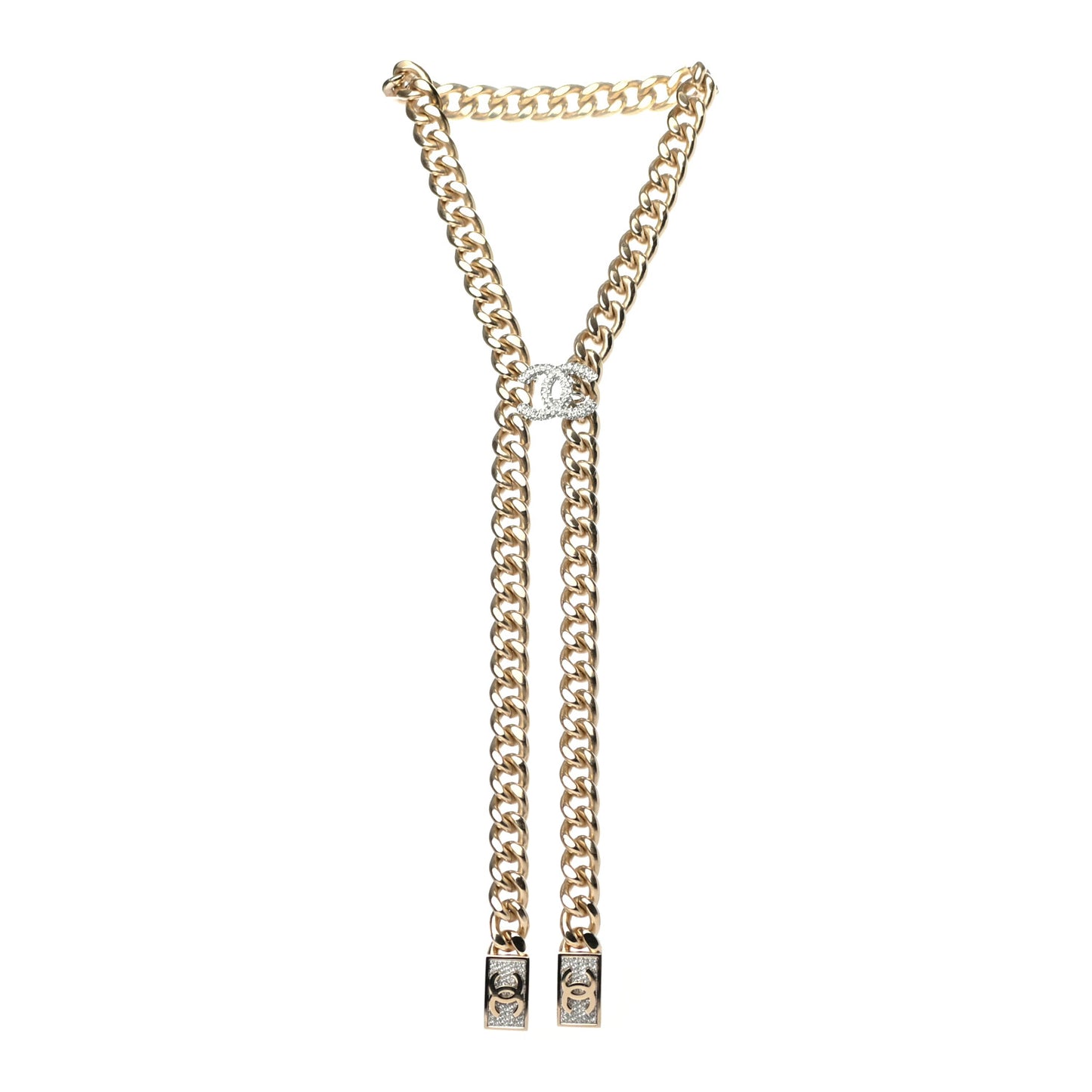 Chain Link Crystal CC Dog Tag Charm Necklace Gold